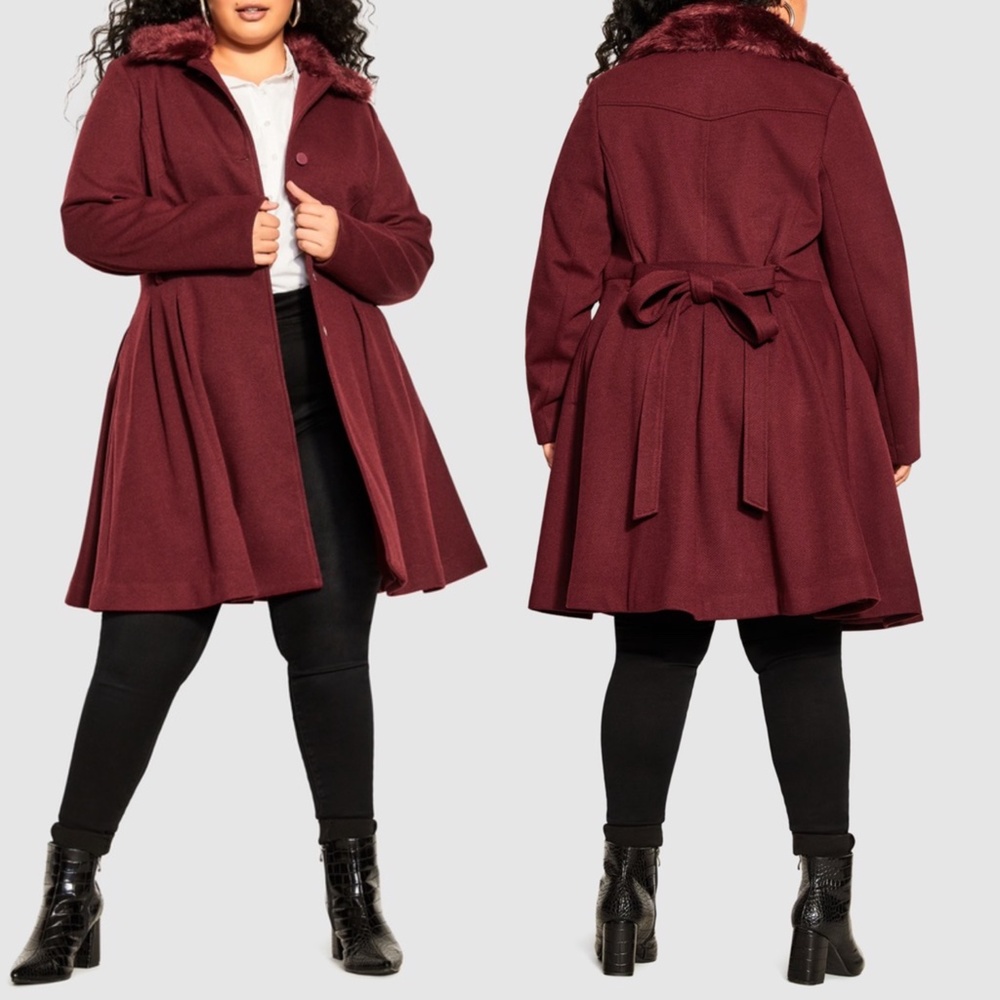 NWT City Chic PORT WINE Blushing Belle FAUX FUR COLLAR A-line COAT XS 14